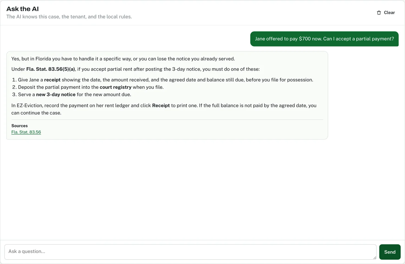 Asking the AI a question about a partial payment