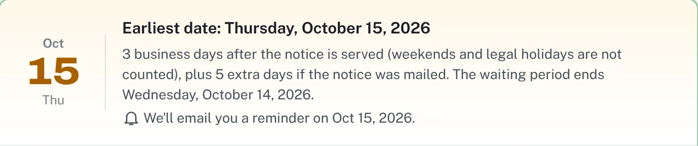 Earliest date to file: Thursday, October 15, 2026, counted in business days with a reminder email