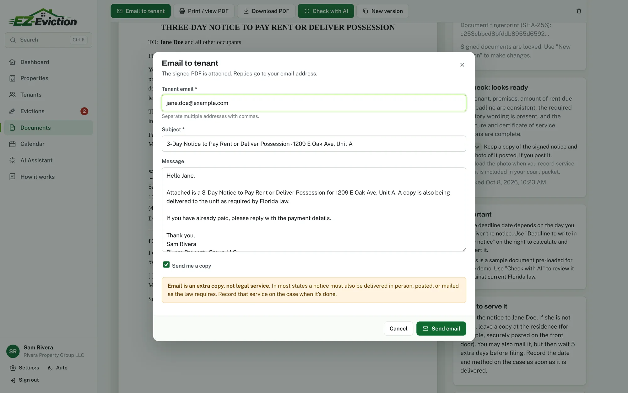 Emailing a notice to the tenant