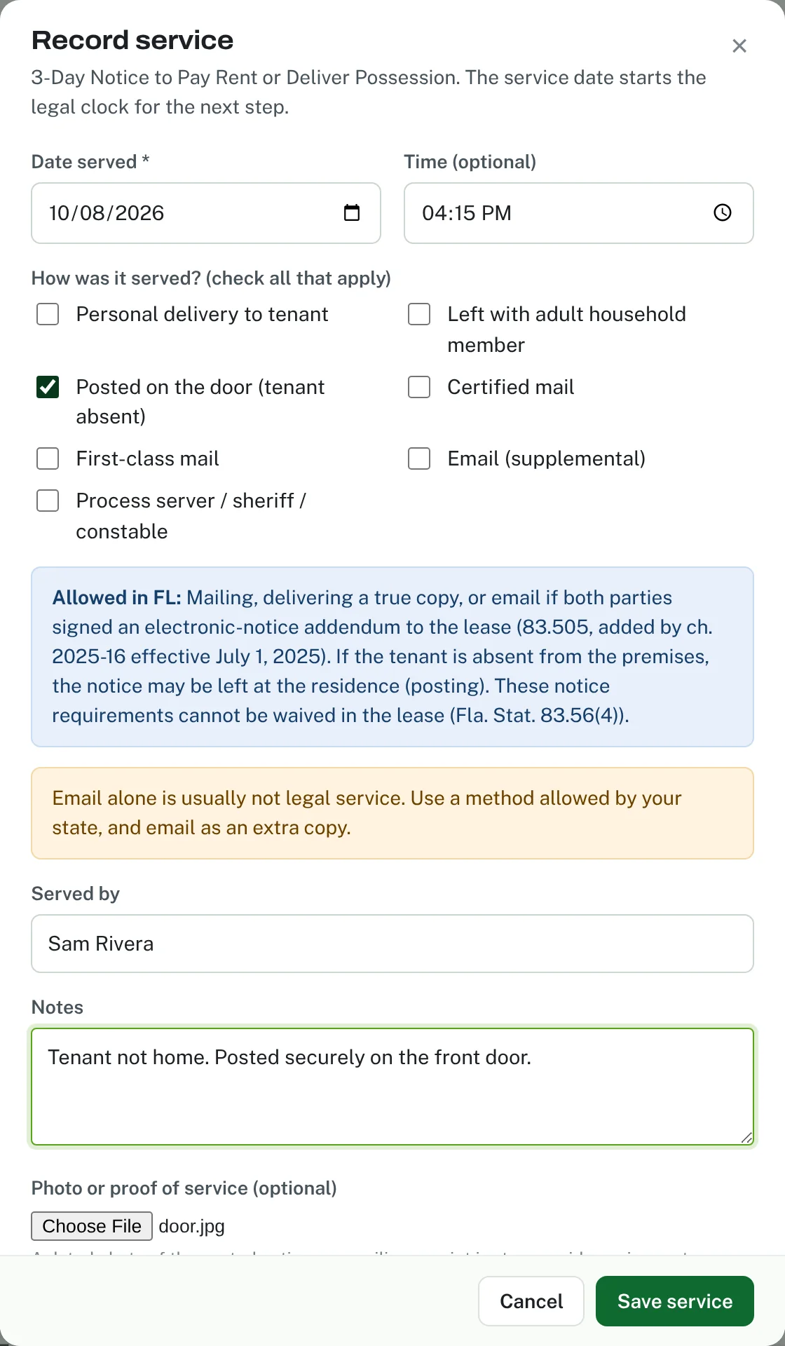 Recording service of a notice with a photo