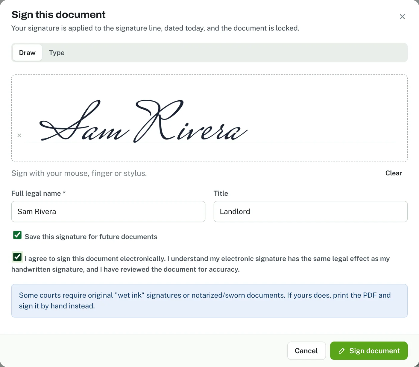 Signing a notice electronically