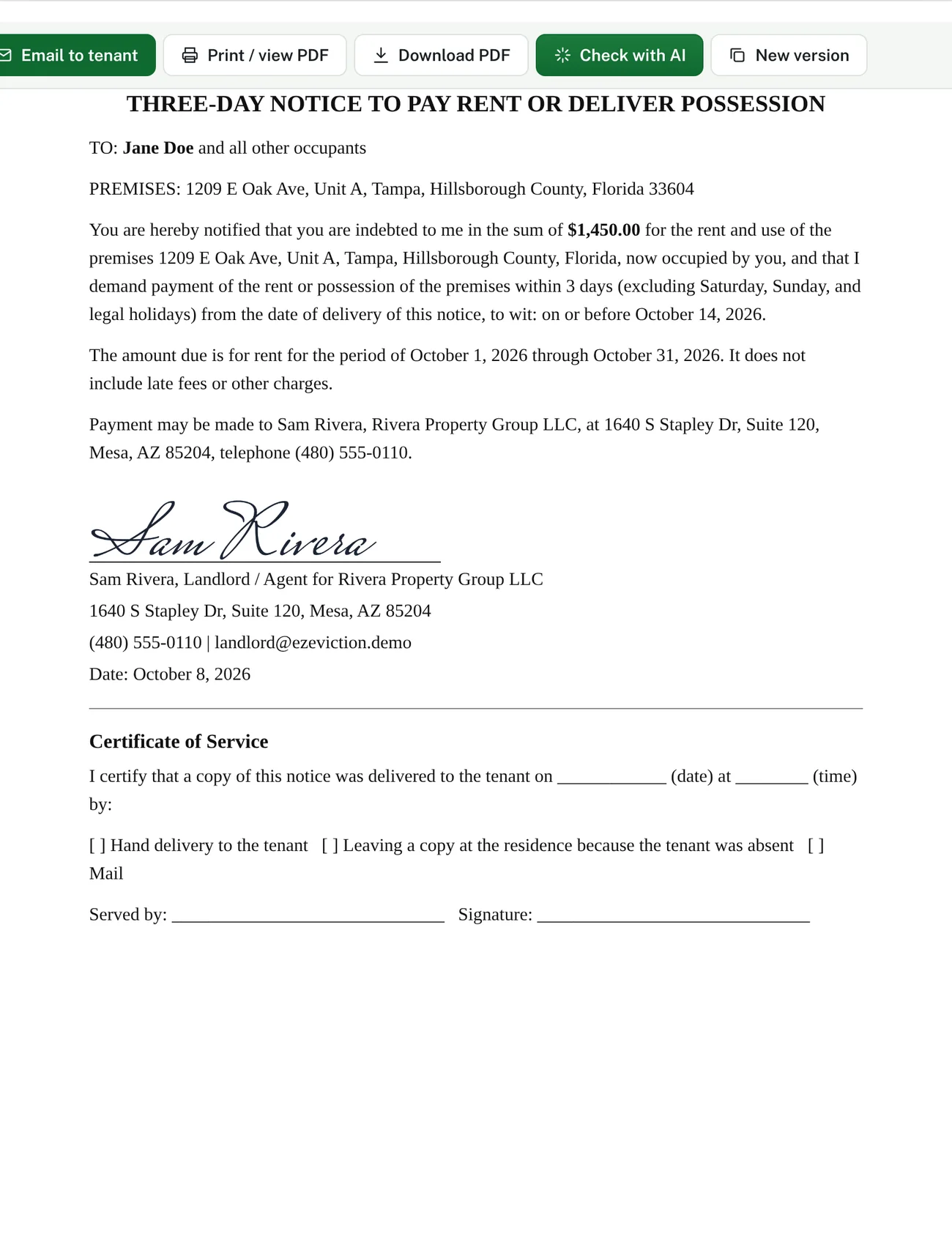 A signed notice